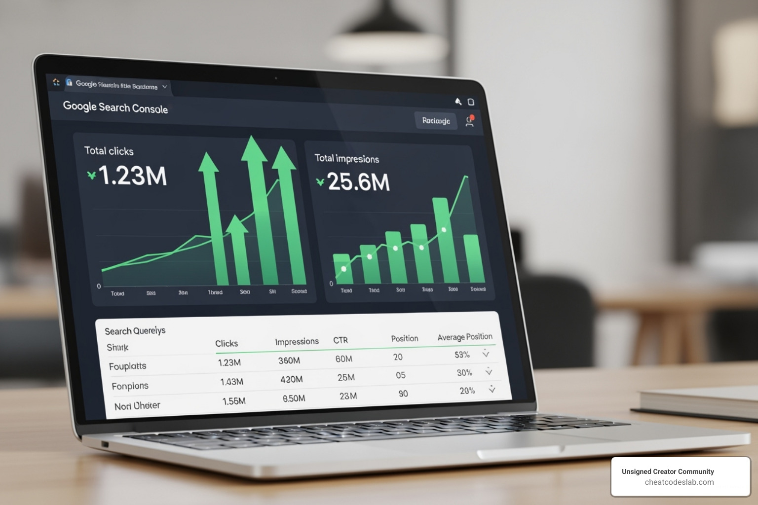 A detailed image showing an image optimized for web, with a pop-up displaying its alt text: "A laptop screen showing a Google Search Console report with green performance metrics." - seo article analysis