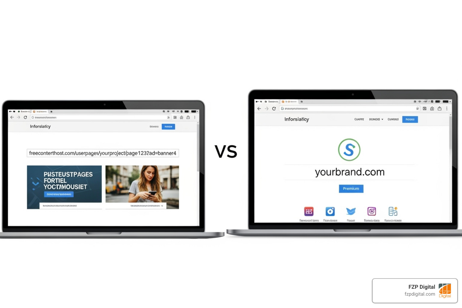 comparison of free website with ads and branded URL to professional site with custom domain - best website builder