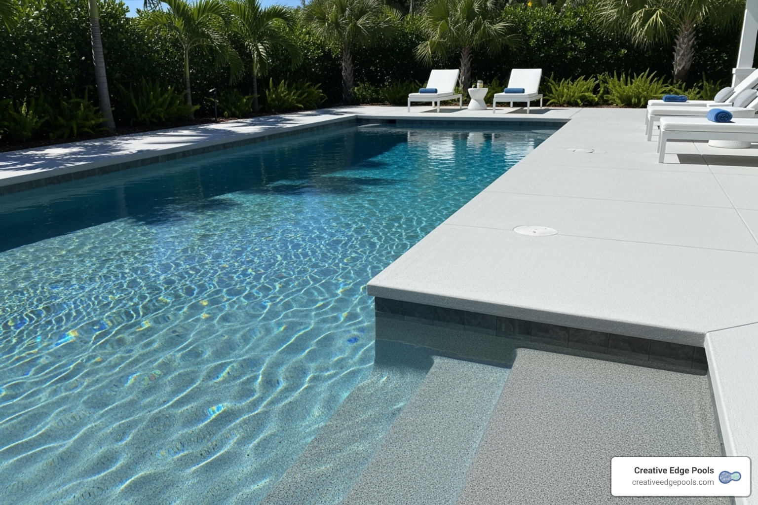 a newly resurfaced cement pool deck next to a sparkling gunite pool - cement pool deck