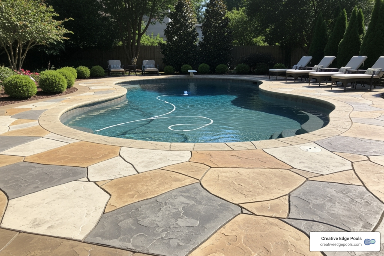 a stamped concrete pool deck that realistically mimics natural flagstone - cement pool deck