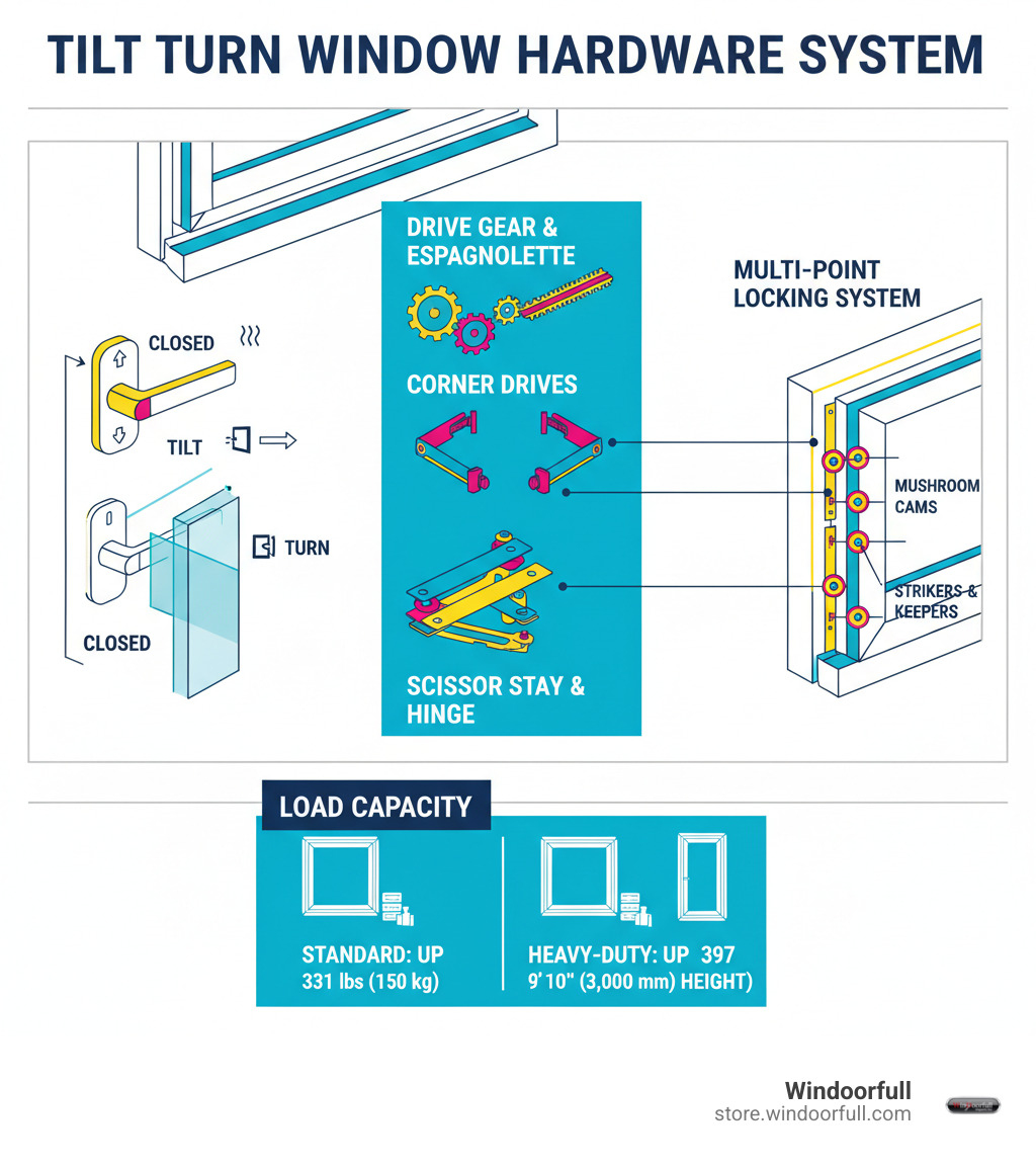 Detailed breakdown of tilt turn hardware system showing handle positions, locking mechanisms, drive gears, corner drives, scissor stays, and multi-point locking system with load capacity specifications - tilt turn hardware infographic 