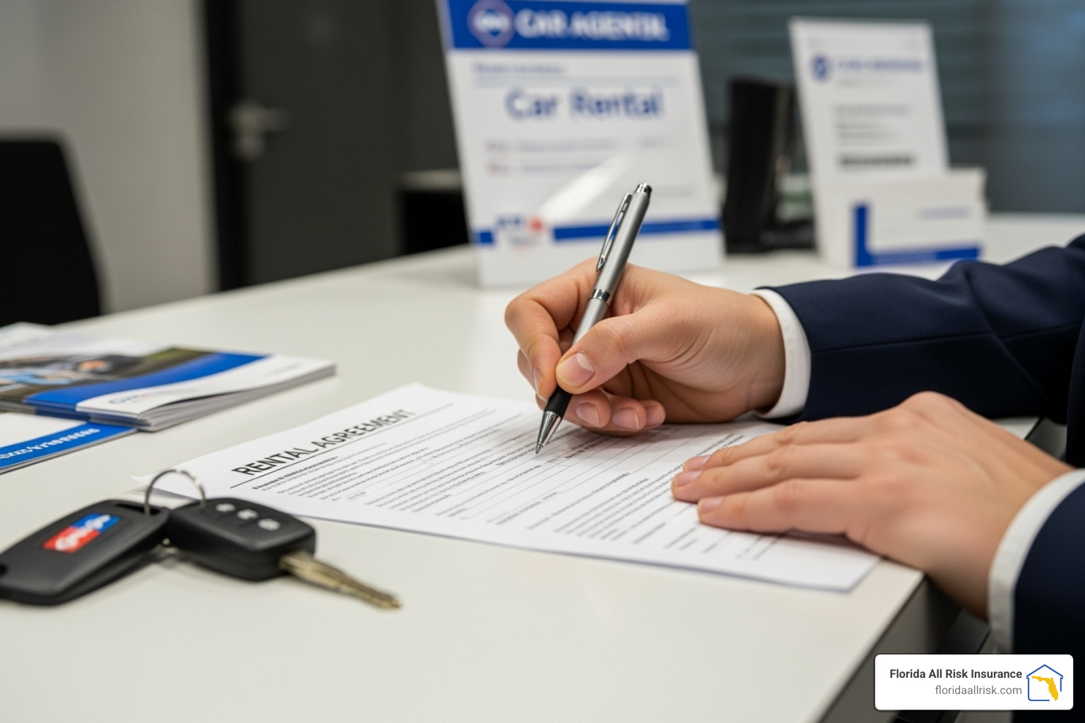 A person signing a rental car agreement at a counter, highlighting the need for liability coverage even when not owning a vehicle. - insurance for non owners A person signing a rental car agreement at a counter, highlighting the need for liability coverage even when not owning a vehicle. - insurance for non owners
