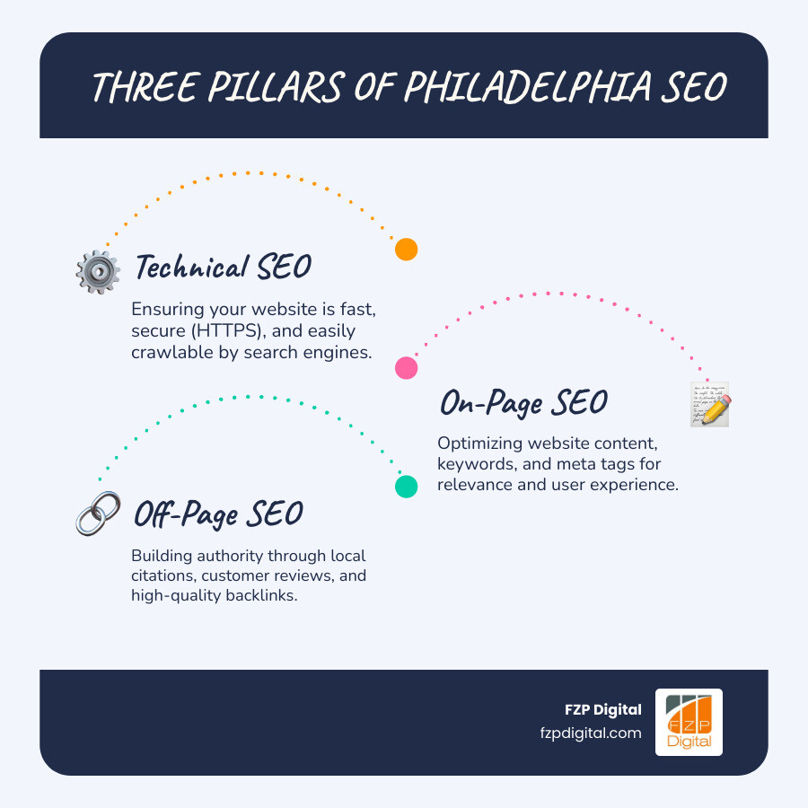 Comprehensive infographic showing the three pillars of Philadelphia SEO: Technical SEO (website speed, mobile-friendliness, site security), On-Page SEO (keyword optimization, content creation, meta tags), and Off-Page SEO (local citations, reviews, backlinks), with Philadelphia skyline in background - philadelphia search engine optimization infographic infographic-line-3-steps-blues-accent_colors Comprehensive infographic showing the three pillars of Philadelphia SEO: Technical SEO (website speed, mobile-friendliness, site security), On-Page SEO (keyword optimization, content creation, meta tags), and Off-Page SEO (local citations, reviews, backlinks), with Philadelphia skyline in background - philadelphia search engine optimization infographic infographic-line-3-steps-blues-accent_colors