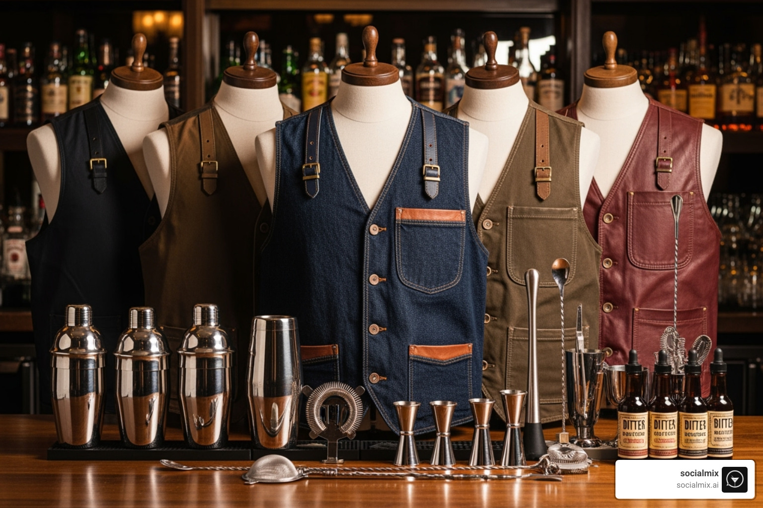 bar with vests and bartender tools - women's bartender vest