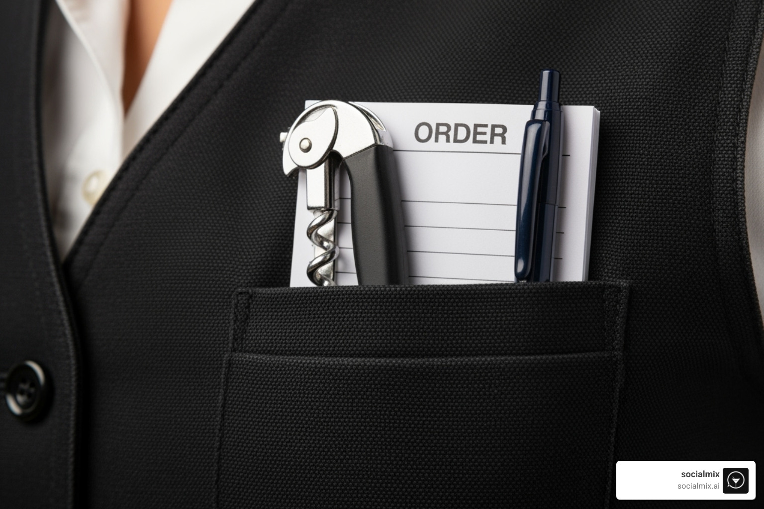 close-up on the fabric and pocket detail of a bartender vest, with visible bartender tools (wine key, pen, order pad) - women's bartender vest