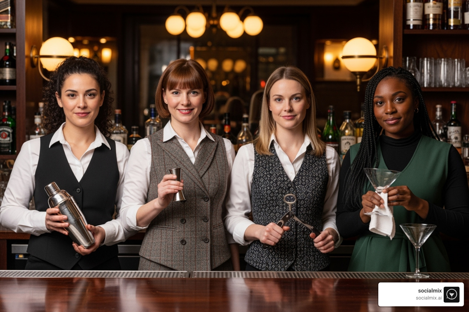 four female bartenders side-by-side, each wearing a different style of vest (classic black, double-breasted tweed, patterned, tunic), each holding bartender tools - women's bartender vest