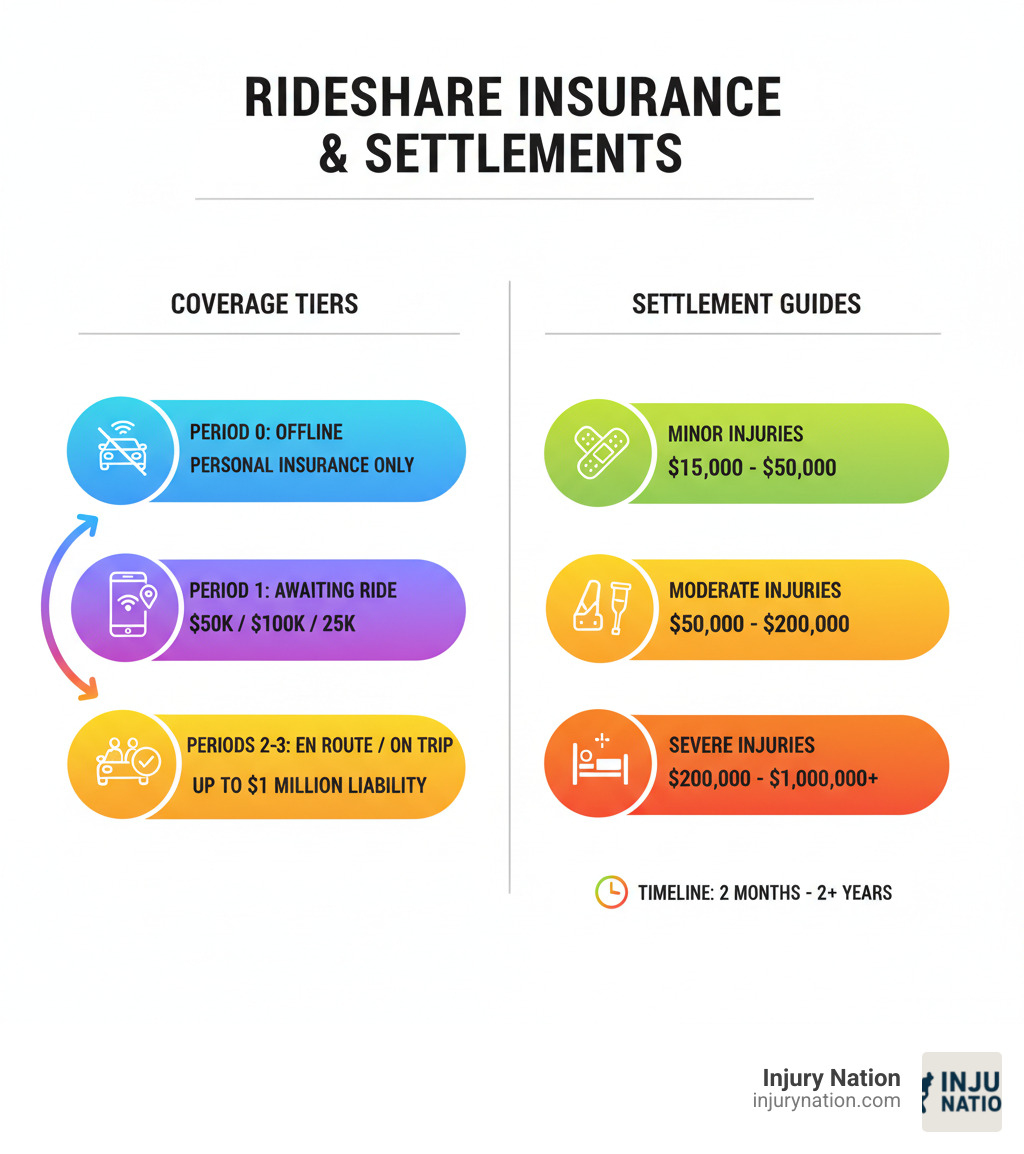 Infographic showing Lyft's tiered insurance coverage system with three periods: Period 0 (driver offline, personal insurance only), Period 1 (driver online awaiting rides, $50,000/$100,000/$25,000 coverage), and Periods 2-3 (driver en route or transporting passenger, $1 million coverage), alongside settlement ranges for different injury severities - lyft car accident settlement infographic 