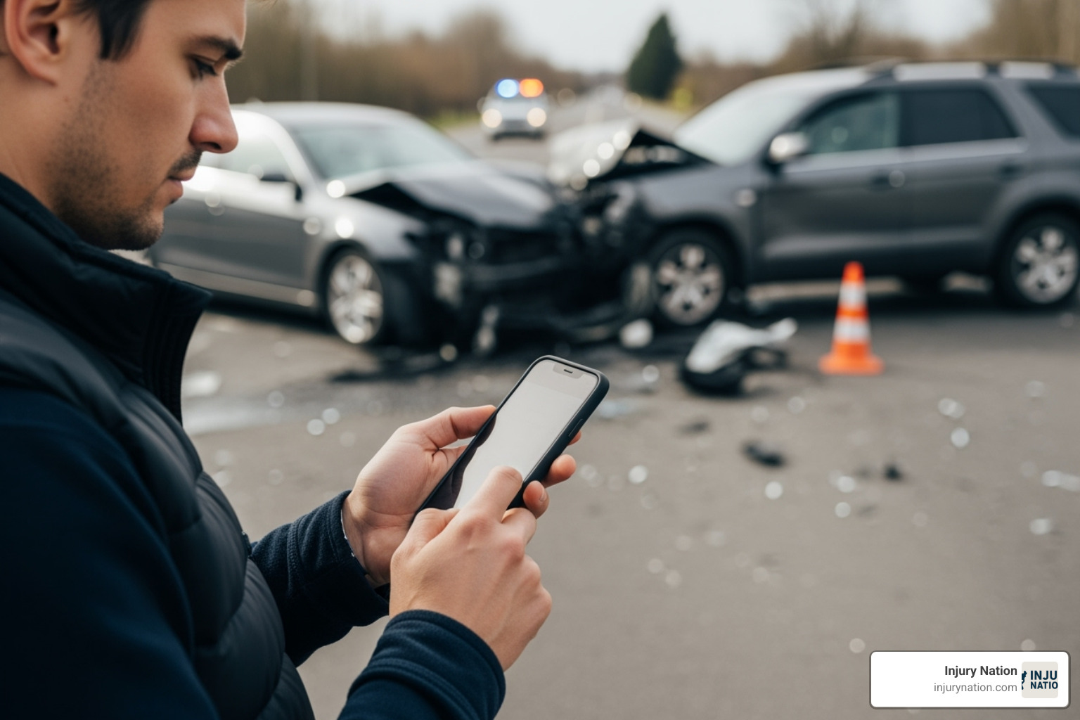 person on the phone at an accident scene, taking notes - lyft car accident settlement