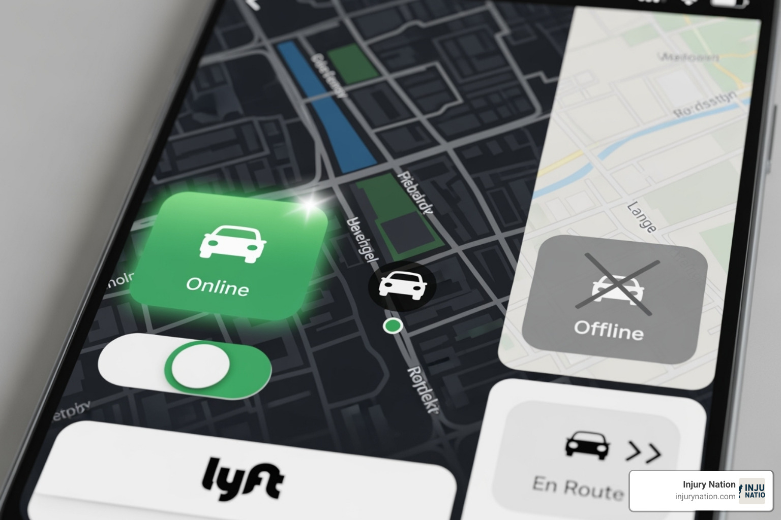 smartphone showing the Lyft app in different driver modes - lyft car accident settlement