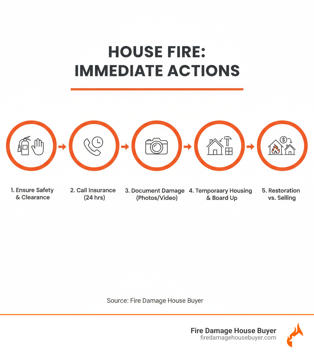 Step-by-step infographic showing immediate actions after house fire: 1) Ensure safety and wait for clearance, 2) Contact insurance company within 24 hours, 3) Document damage with photos and videos, 4) Secure temporary housing and board up property, 5) Consider restoration vs selling options - what to do after a house fire infographic  Step-by-step infographic showing immediate actions after house fire: 1) Ensure safety and wait for clearance, 2) Contact insurance company within 24 hours, 3) Document damage with photos and videos, 4) Secure temporary housing and board up property, 5) Consider restoration vs selling options - what to do after a house fire infographic