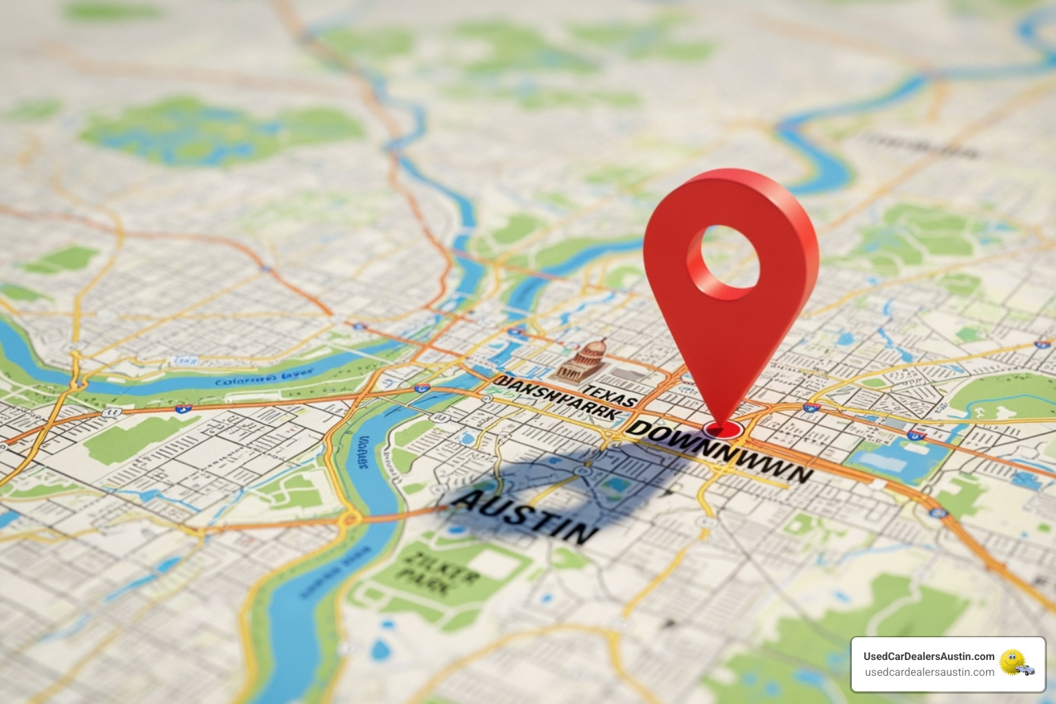 Map of Austin highlighting UsedCarDealersAustin.com's location - Buy here pay here Austin