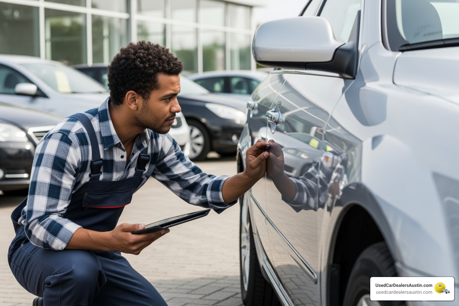 Person inspecting a used car with a checklist - Buy here pay here Austin
