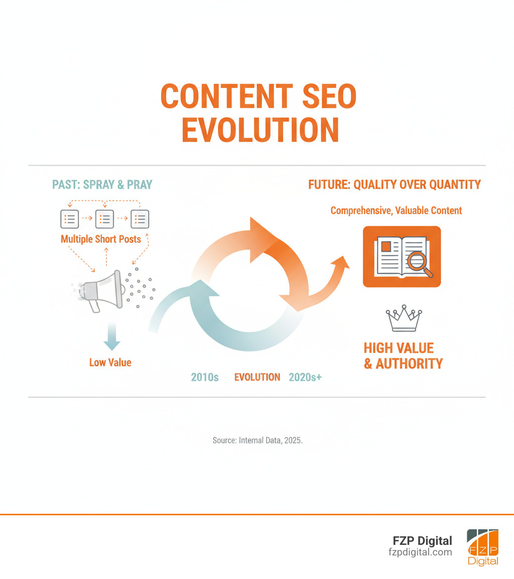 Infographic showing the evolution from spray and pray content approach with multiple short posts to quality over quantity approach with comprehensive, valuable content pieces - Content SEO strategy infographic Infographic showing the evolution from spray and pray content approach with multiple short posts to quality over quantity approach with comprehensive, valuable content pieces - Content SEO strategy infographic