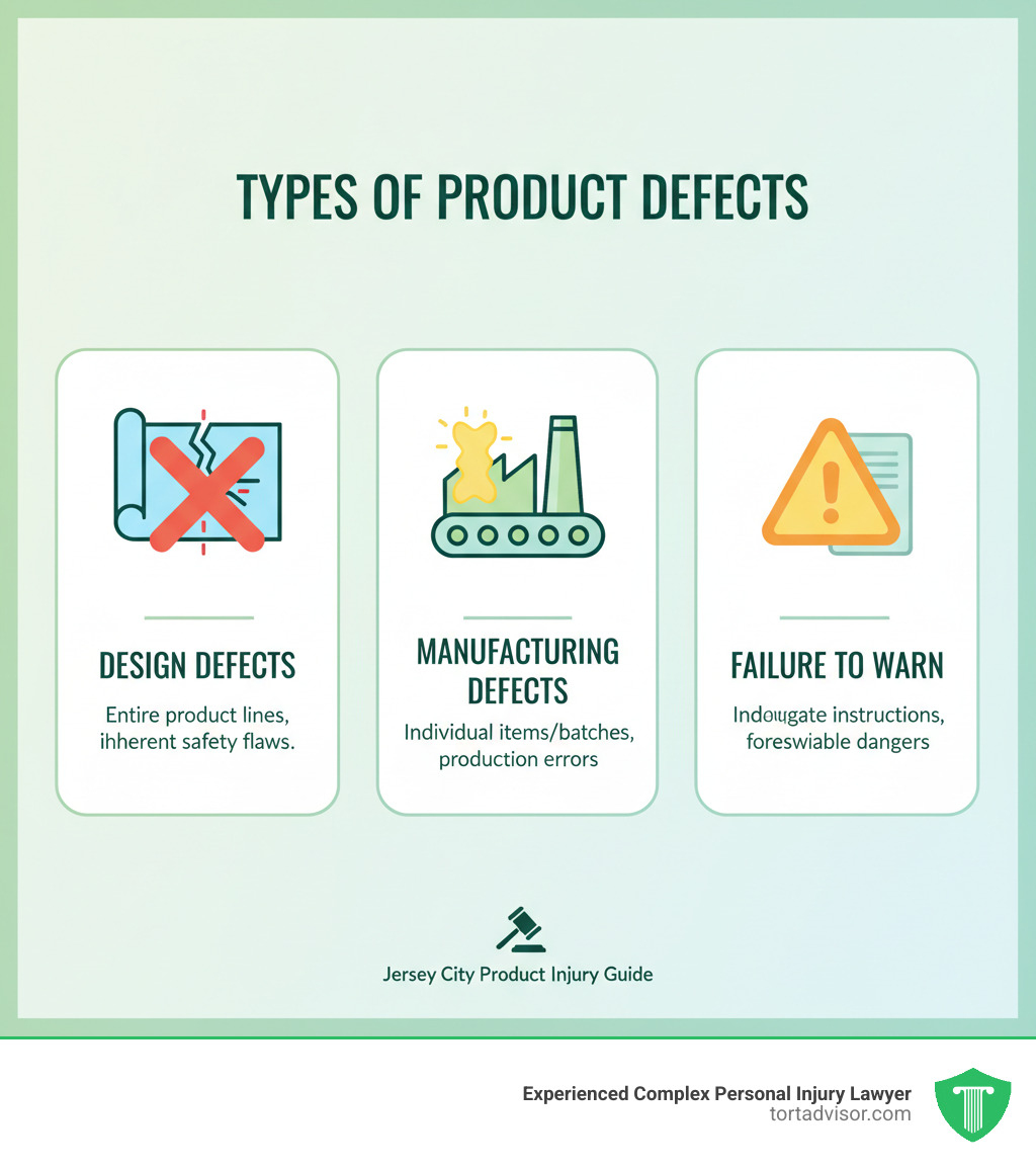 Infographic showing the three main types of product defects: Design defects affect entire product lines with inherent safety flaws, Manufacturing defects occur during production affecting individual items or batches, and Failure to Warn defects involve inadequate safety instructions or warnings about foreseeable dangers - jersey city defective product injury attorney infographic 