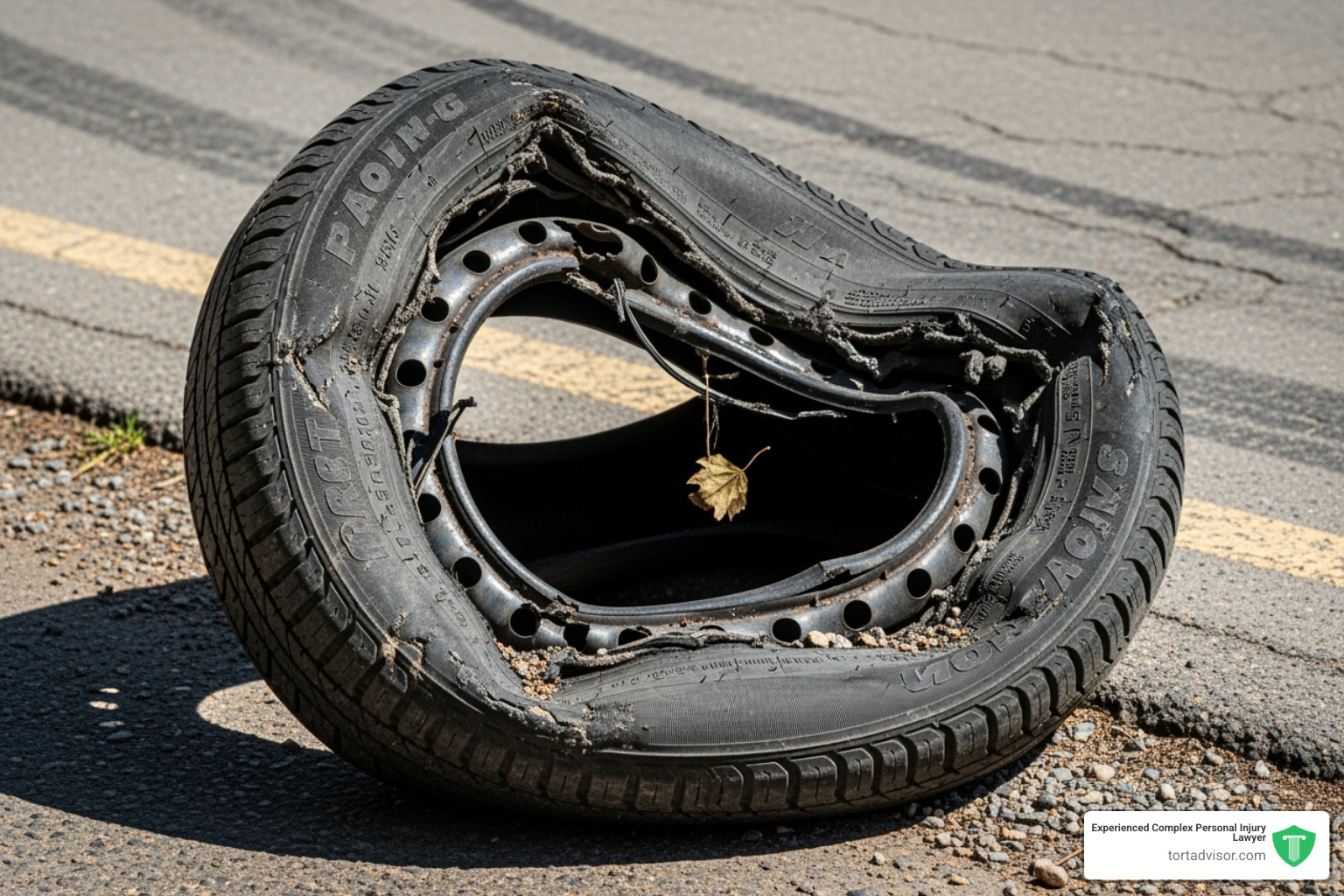 Image of a damaged car tire with a visible defect, possibly from a blowout - jersey city defective product injury attorney