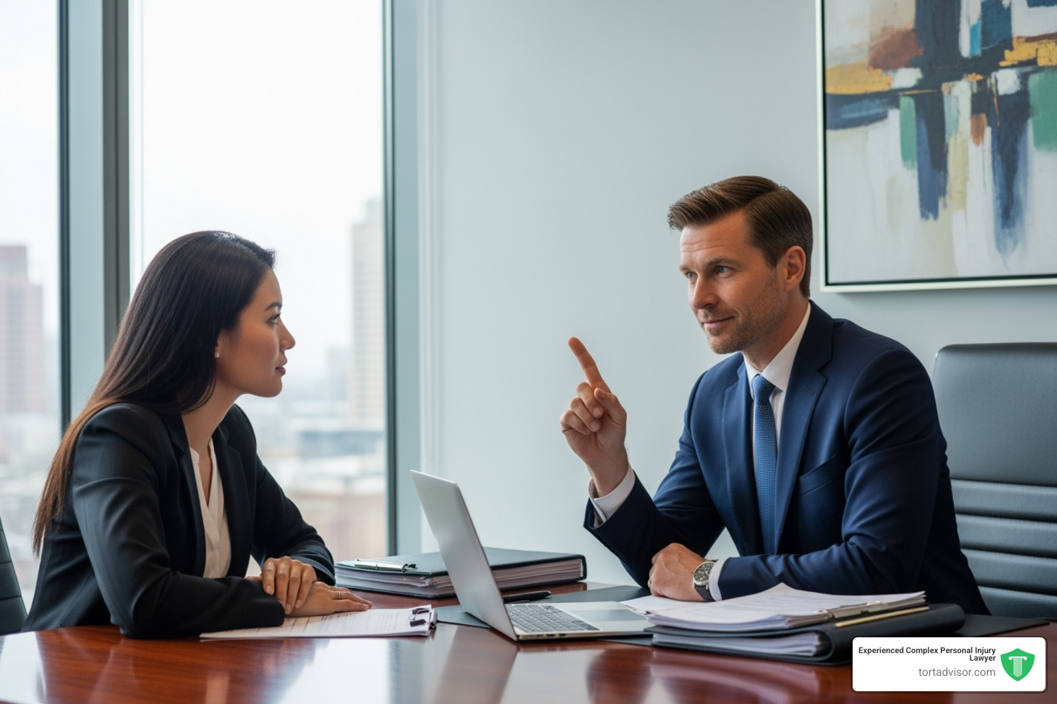 Image of a lawyer confidently discussing a case with a client in a modern office setting - jersey city defective product injury attorney