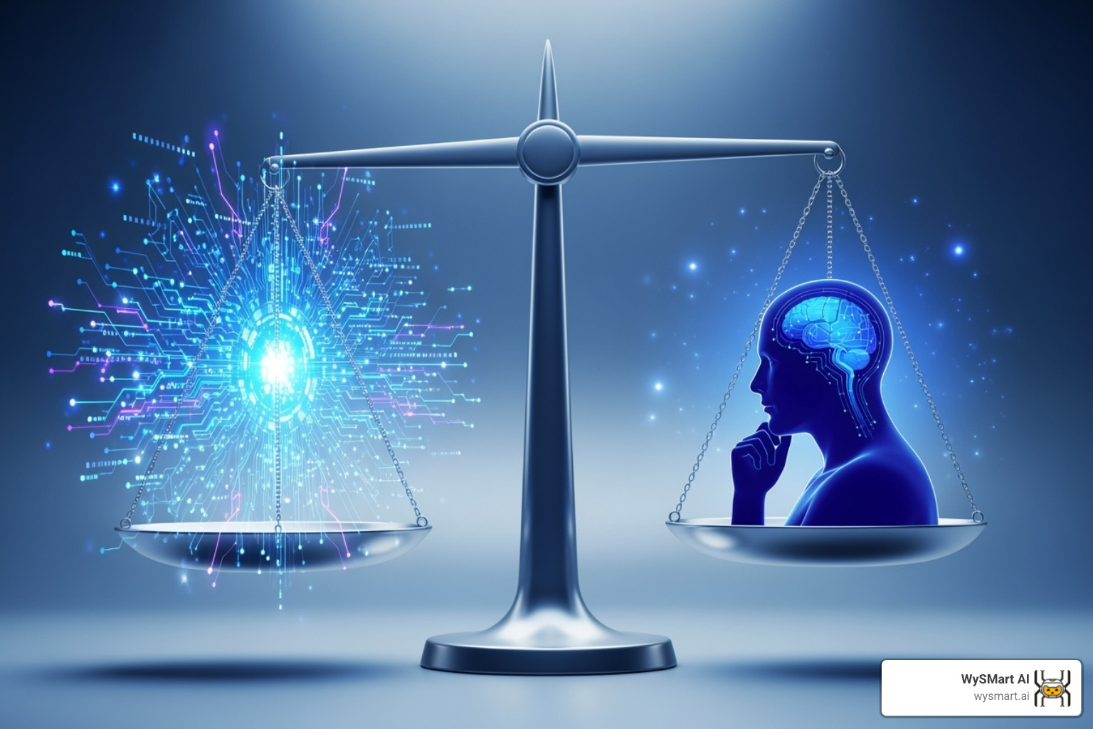 balance scale with "AI Automation" on one side and "Human Strategy" on the other - AI-driven email marketing balance scale with "AI Automation" on one side and "Human Strategy" on the other - AI-driven email marketing