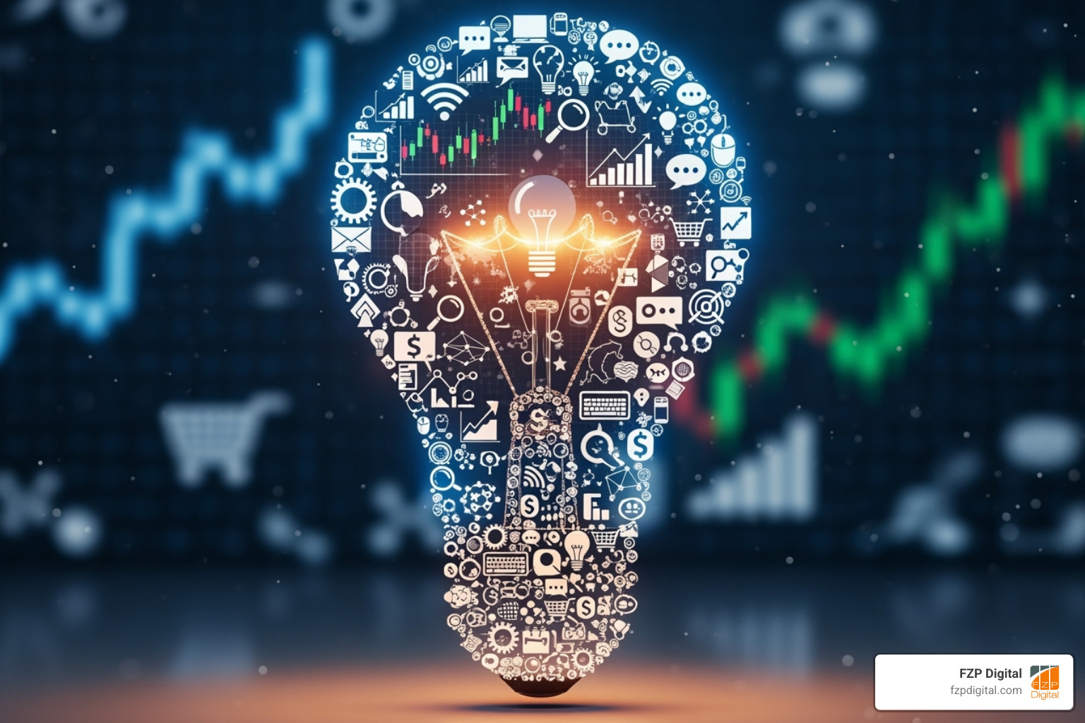 lightbulb made of digital icons, symbolizing innovation and ideas in marketing - marketing firms