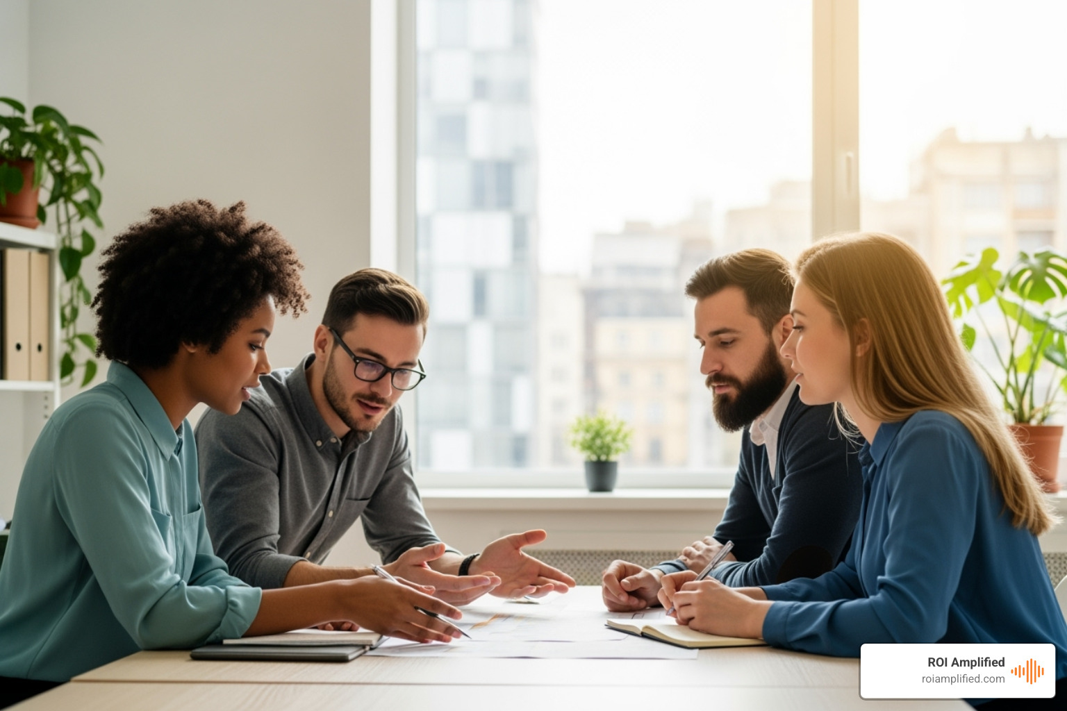 A diverse team of professionals collaborating in a modern office environment - st petersburg seo company