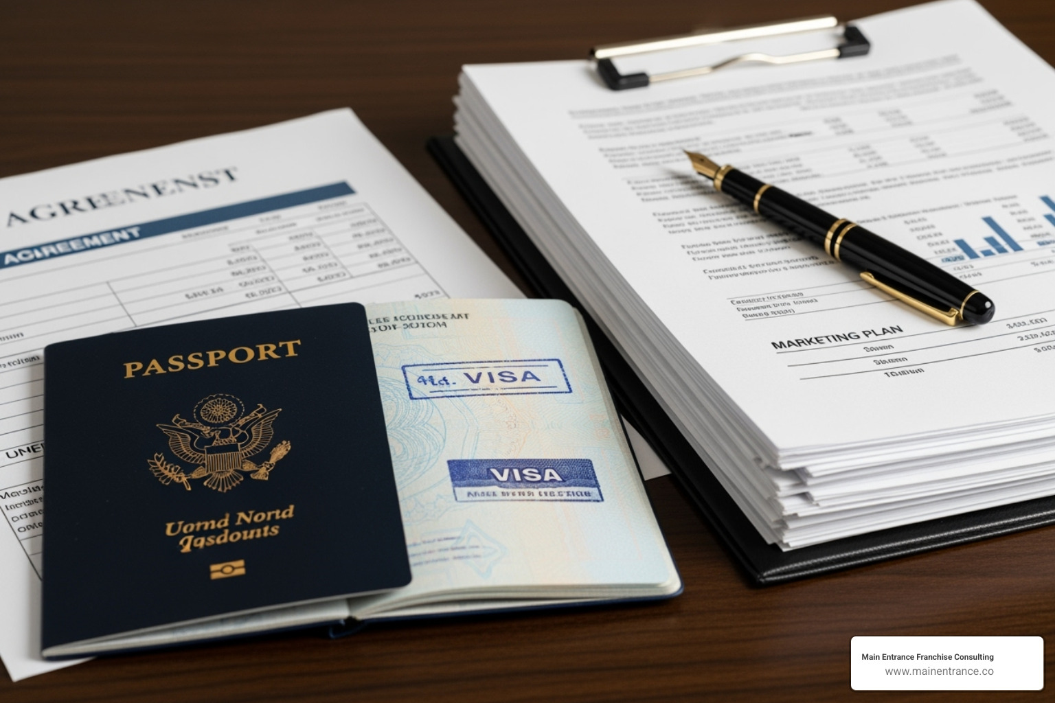 U.S. passport and visa stamp next to franchise documents - franchise consulting for immigrants