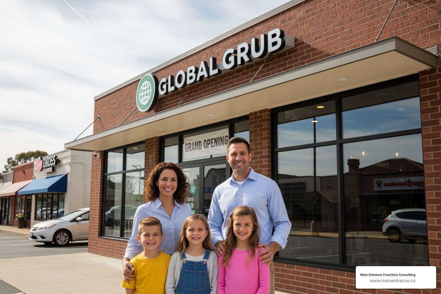 happy family in front of new franchise business - franchise consulting for immigrants