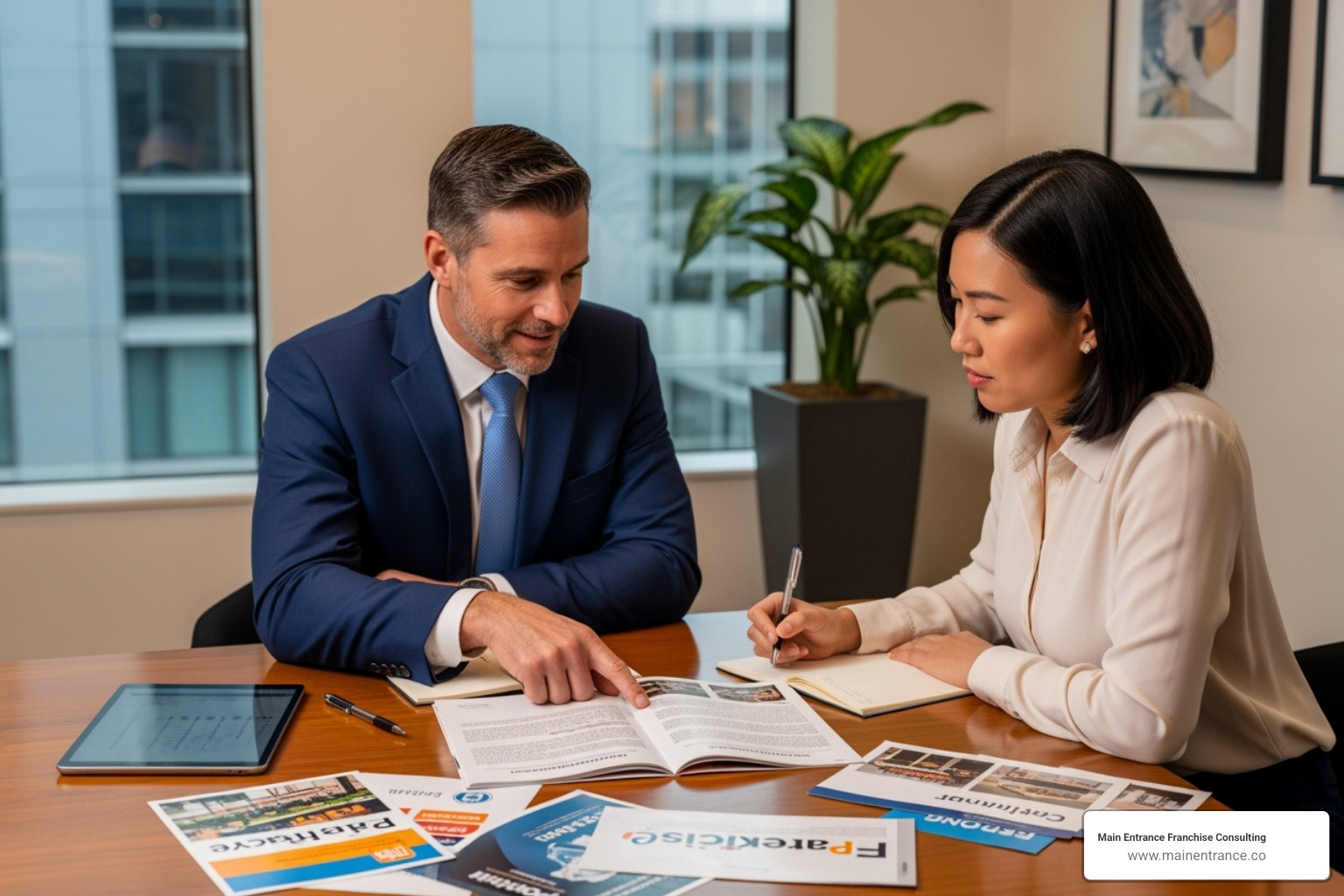 consultant guiding individual through franchise brochures - franchise consulting for immigrants