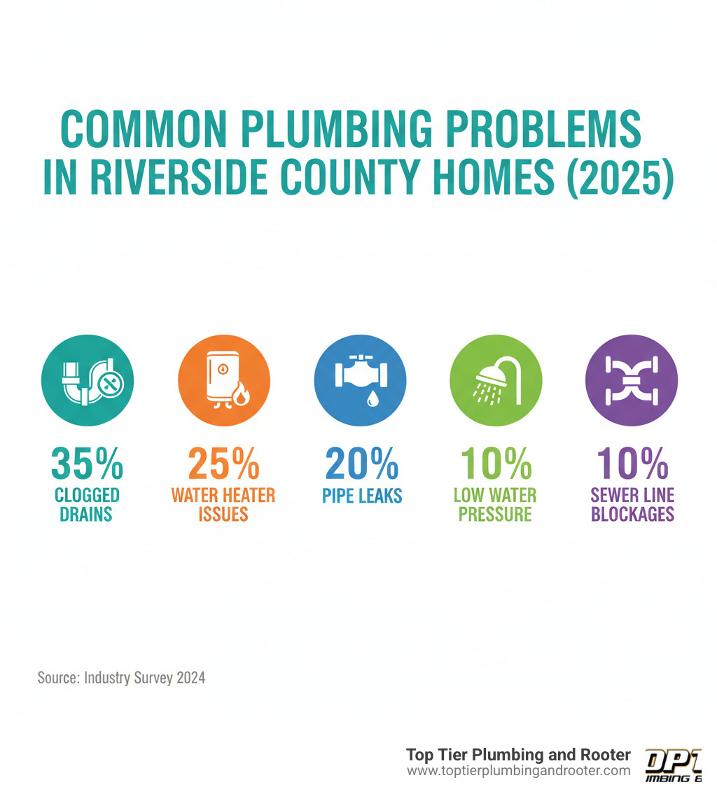 Infographic showing the most common plumbing problems in Riverside County homes including clogged drains, water heater issues, pipe leaks, low water pressure, and sewer line blockages with percentages of how often each occurs - plumbing services Riverside County infographic  Infographic showing the most common plumbing problems in Riverside County homes including clogged drains, water heater issues, pipe leaks, low water pressure, and sewer line blockages with percentages of how often each occurs - plumbing services Riverside County infographic