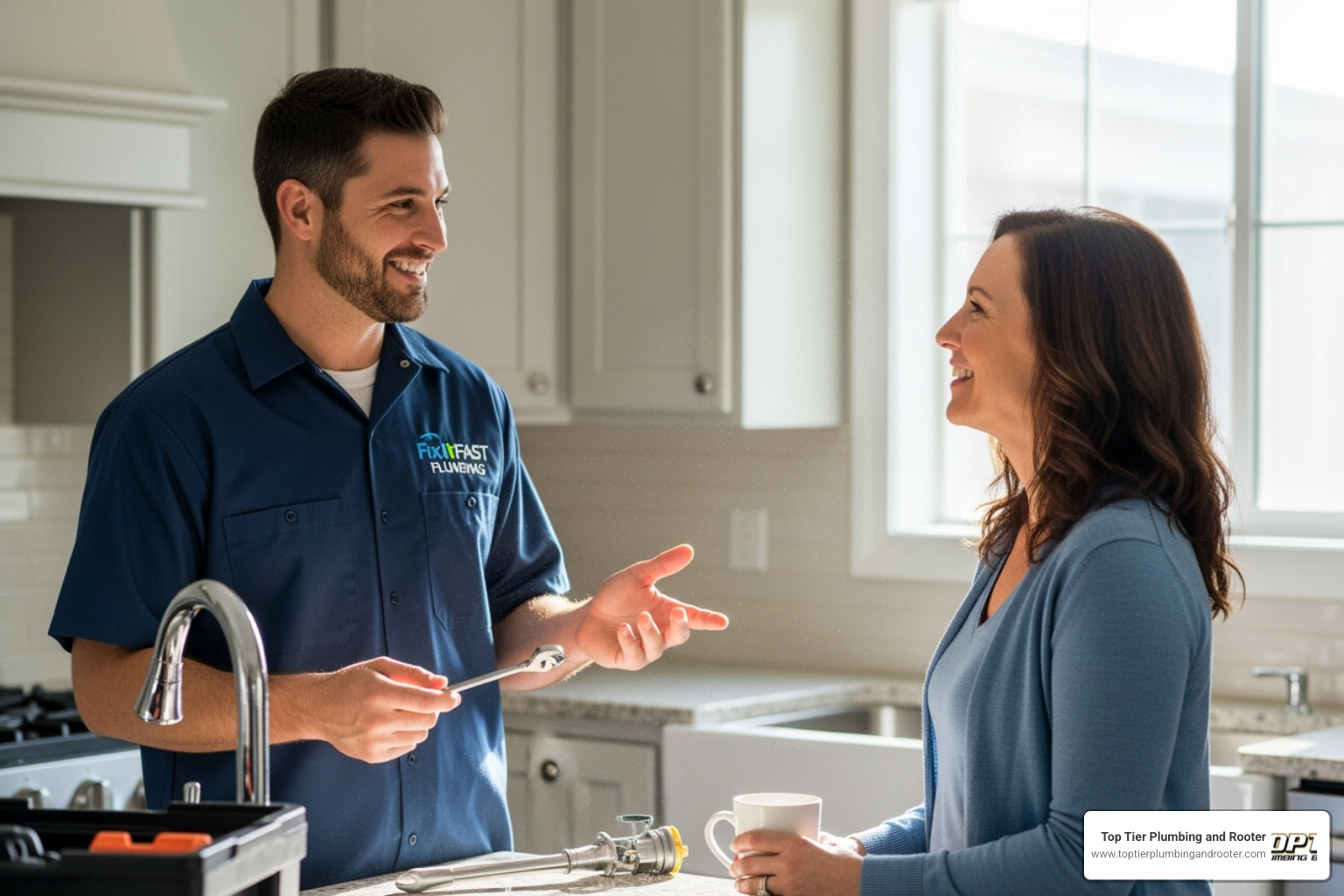 Friendly plumber talking with homeowner - plumbing services Riverside County Friendly plumber talking with homeowner - plumbing services Riverside County