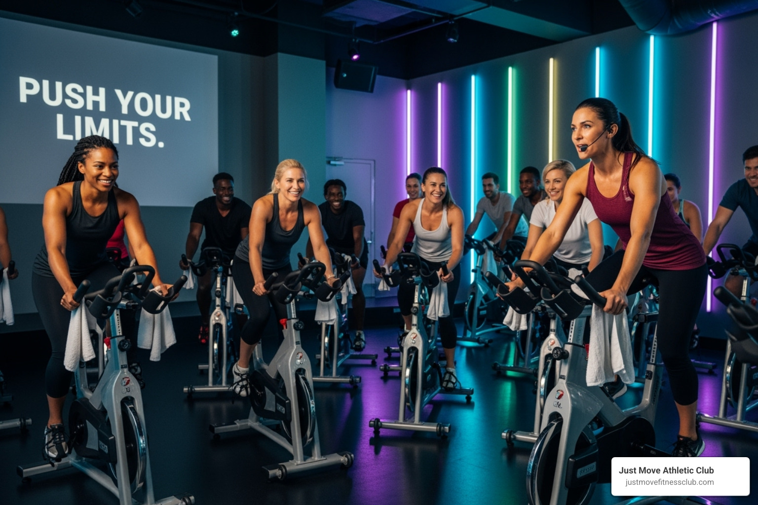 A diverse group of people enjoying a high-energy spin class with an instructor leading - spin classes near me A diverse group of people enjoying a high-energy spin class with an instructor leading - spin classes near me