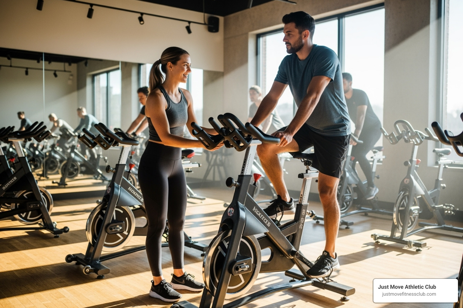 An instructor helping a new rider adjust their bike in a brightly lit studio - spin classes near me An instructor helping a new rider adjust their bike in a brightly lit studio - spin classes near me
