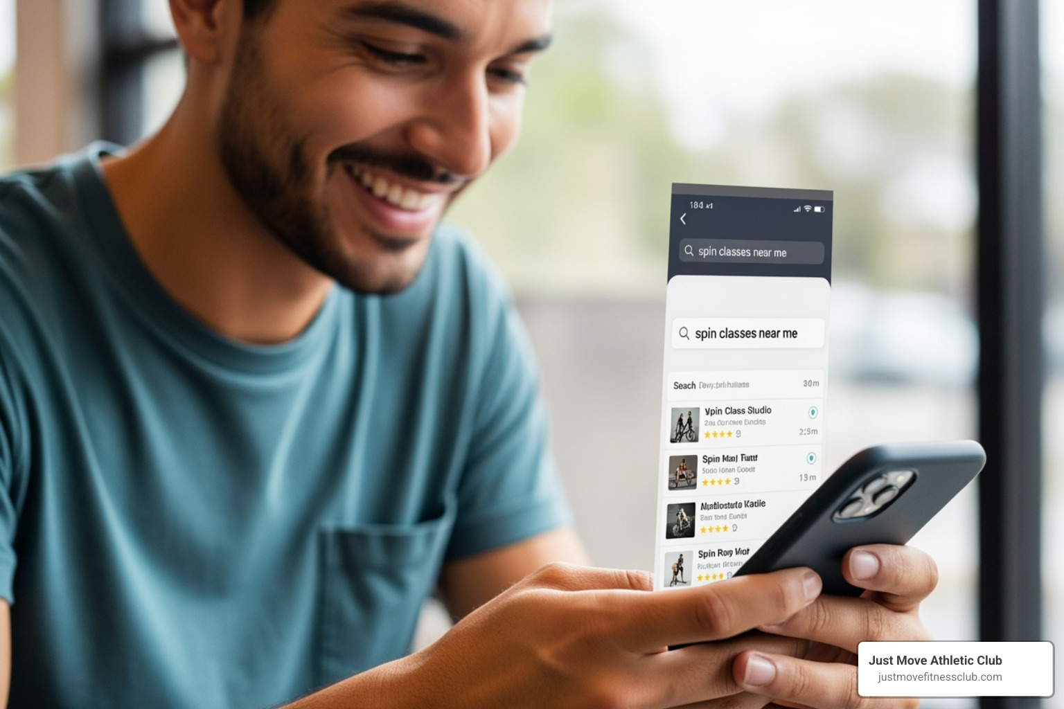 A person happily searching for 'spin classes near me' on their smartphone - spin classes near me A person happily searching for 'spin classes near me' on their smartphone - spin classes near me