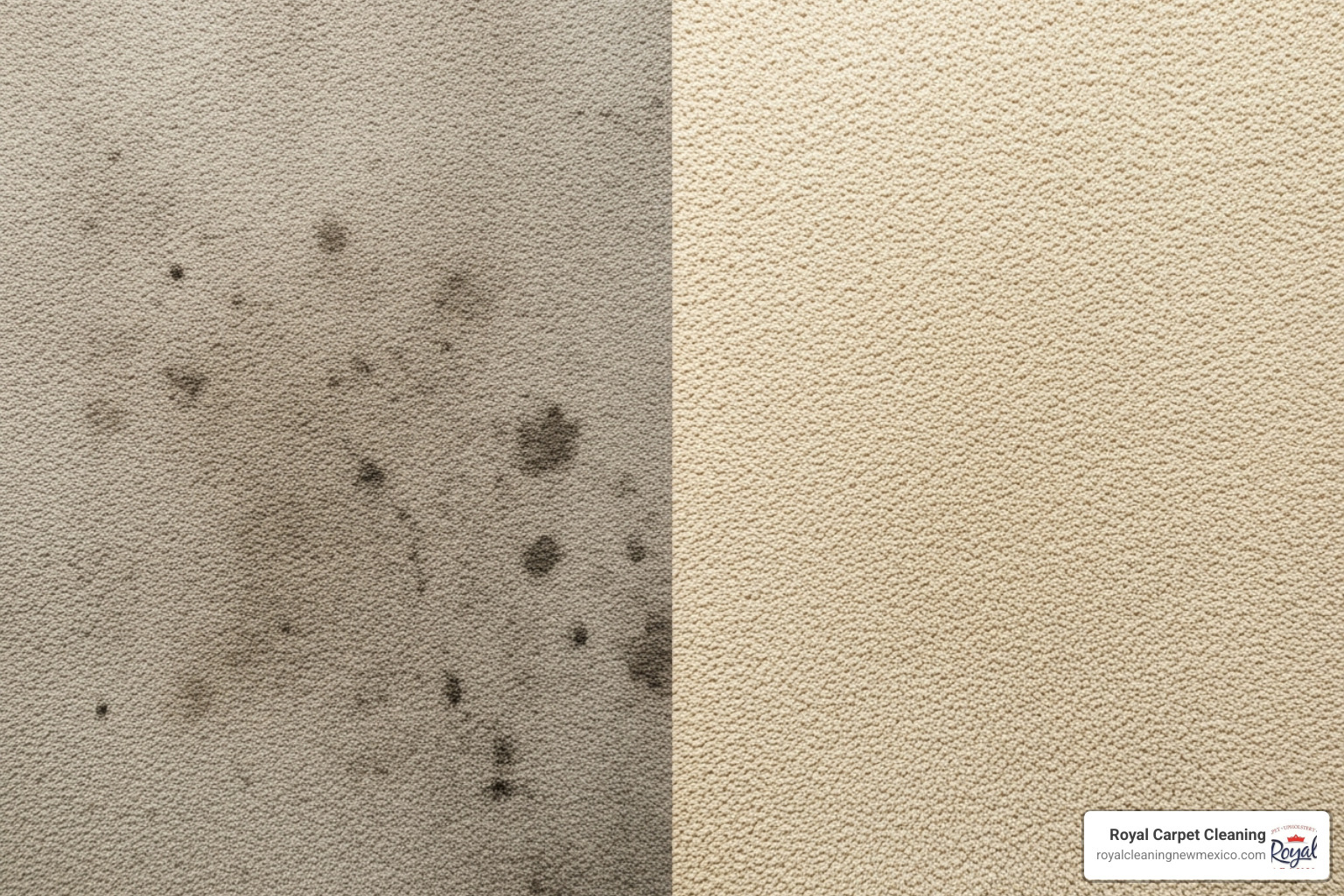 A split image showing a heavily stained, dull carpet on the left and the same carpet on the right, vibrant and clean after professional treatment. - carpet cleaning abq