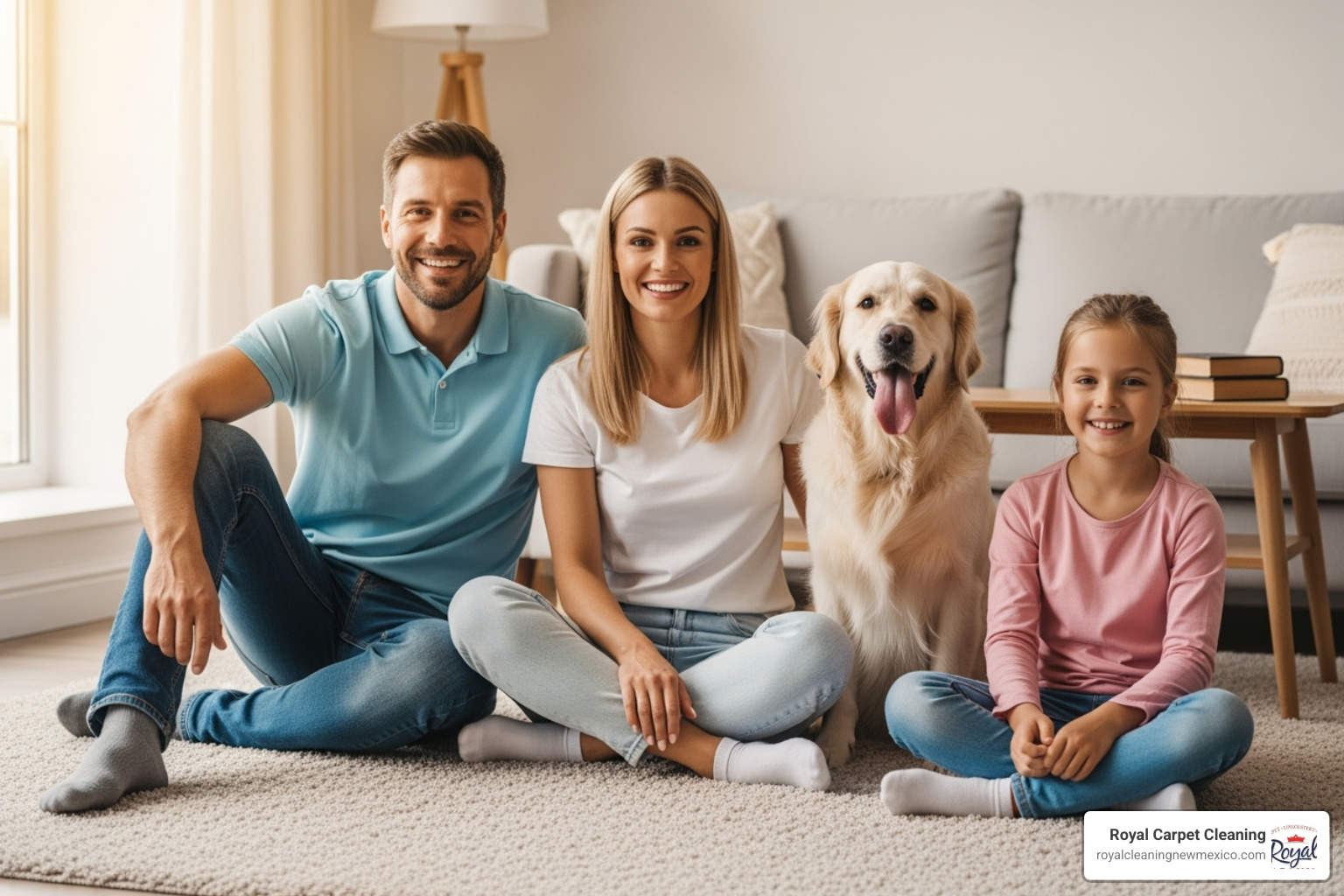 A smiling family with a child and a dog enjoying a clean, fresh-smelling carpet in their Albuquerque home. - carpet cleaning abq