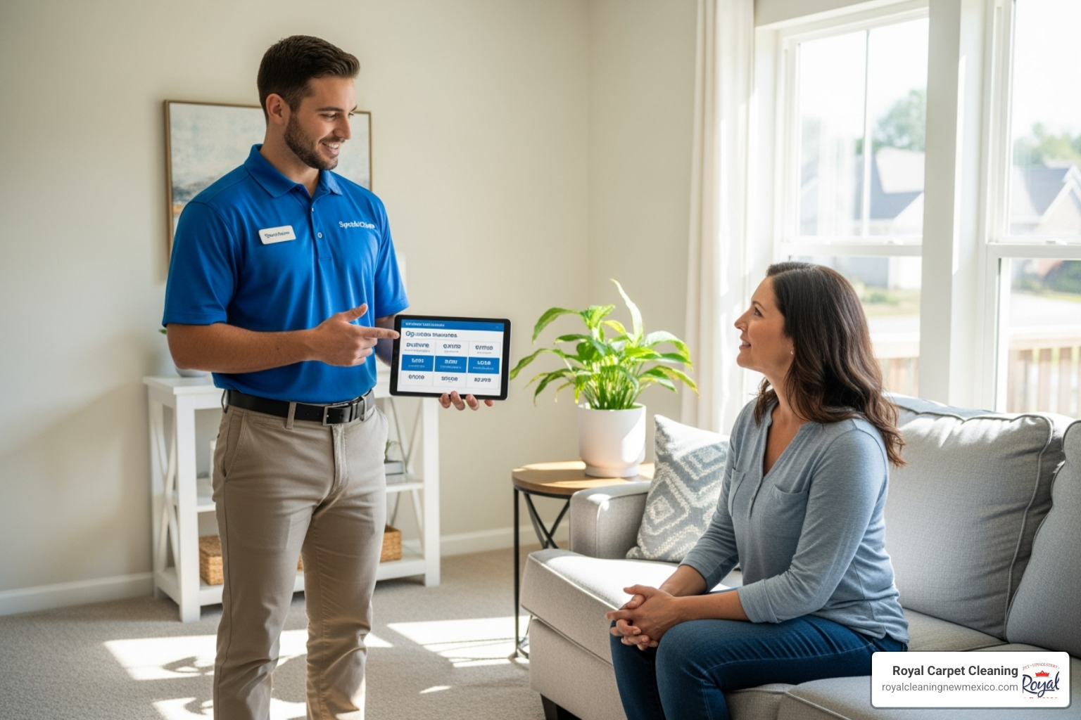 A friendly carpet cleaning technician explains pricing options to a homeowner in a well-lit living room. - carpet cleaning abq