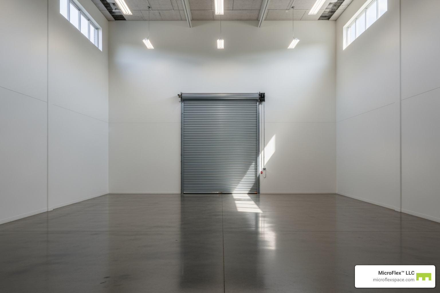 Clean, empty Microflex unit highlighting high ceilings, a concrete floor, and a large roll-up door. - Microflex Space For T-Shirt Screen Printing Clean, empty Microflex unit highlighting high ceilings, a concrete floor, and a large roll-up door. - Microflex Space For T-Shirt Screen Printing
