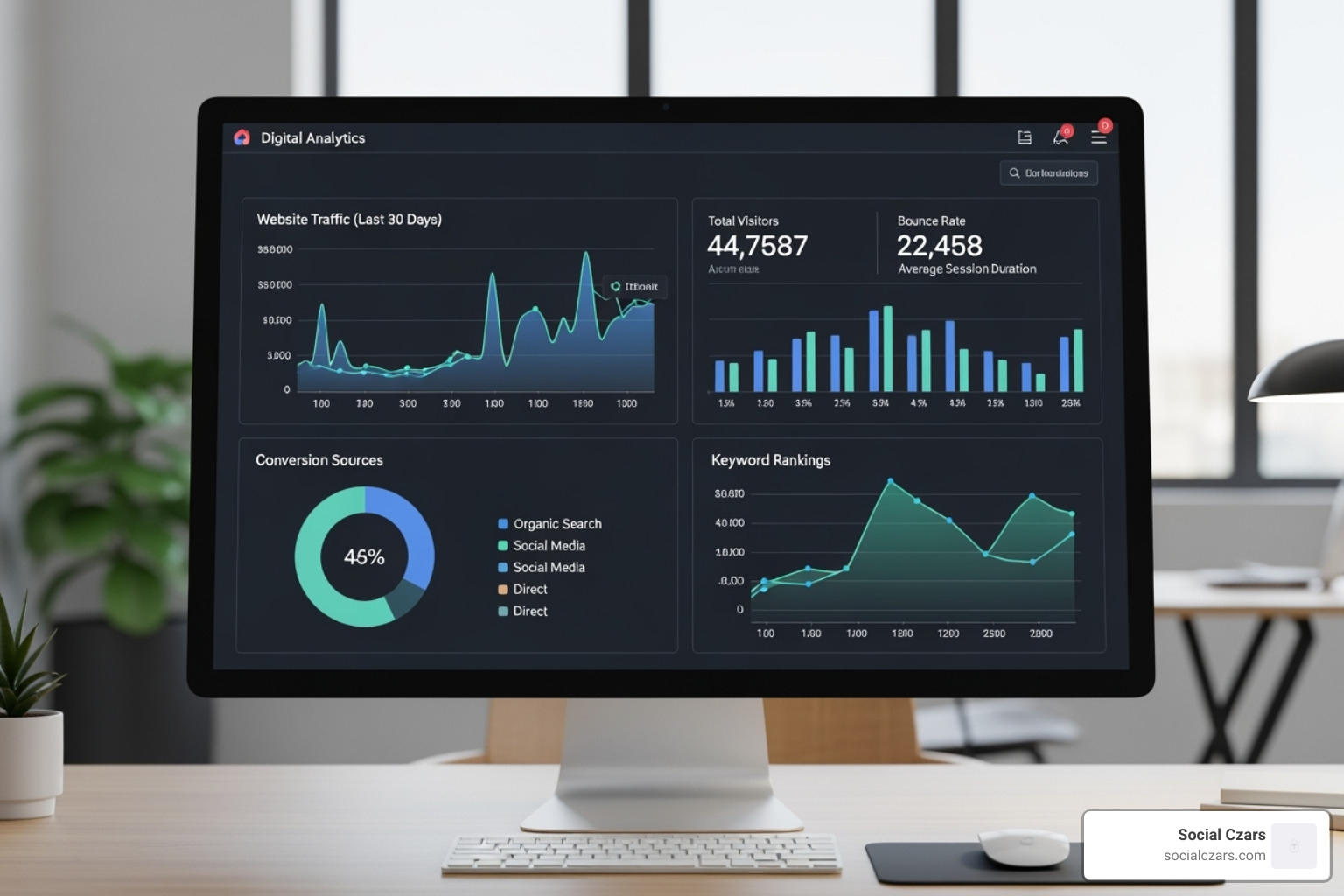 SEO analytics dashboard showing traffic, rankings, and conversions - seo specialist miami