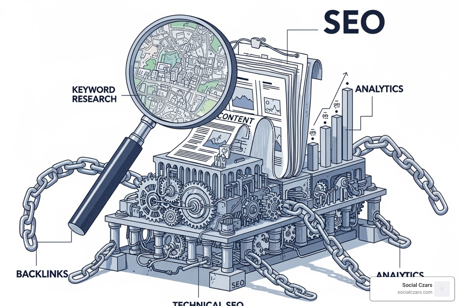 Illustration of SEO pillars: keyword research, content, technical, local, links, and analytics - seo specialist miami