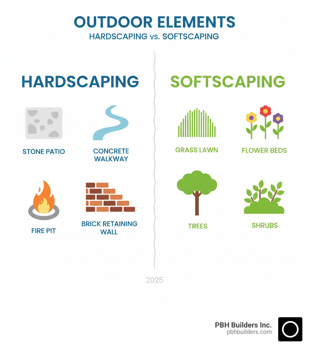 Infographic showing the difference between hardscaping elements like stone patios, concrete walkways, brick retaining walls, and fire pits versus softscaping elements like grass lawns, flower beds, trees, and shrubs - hardscaping services infographic Infographic showing the difference between hardscaping elements like stone patios, concrete walkways, brick retaining walls, and fire pits versus softscaping elements like grass lawns, flower beds, trees, and shrubs - hardscaping services infographic