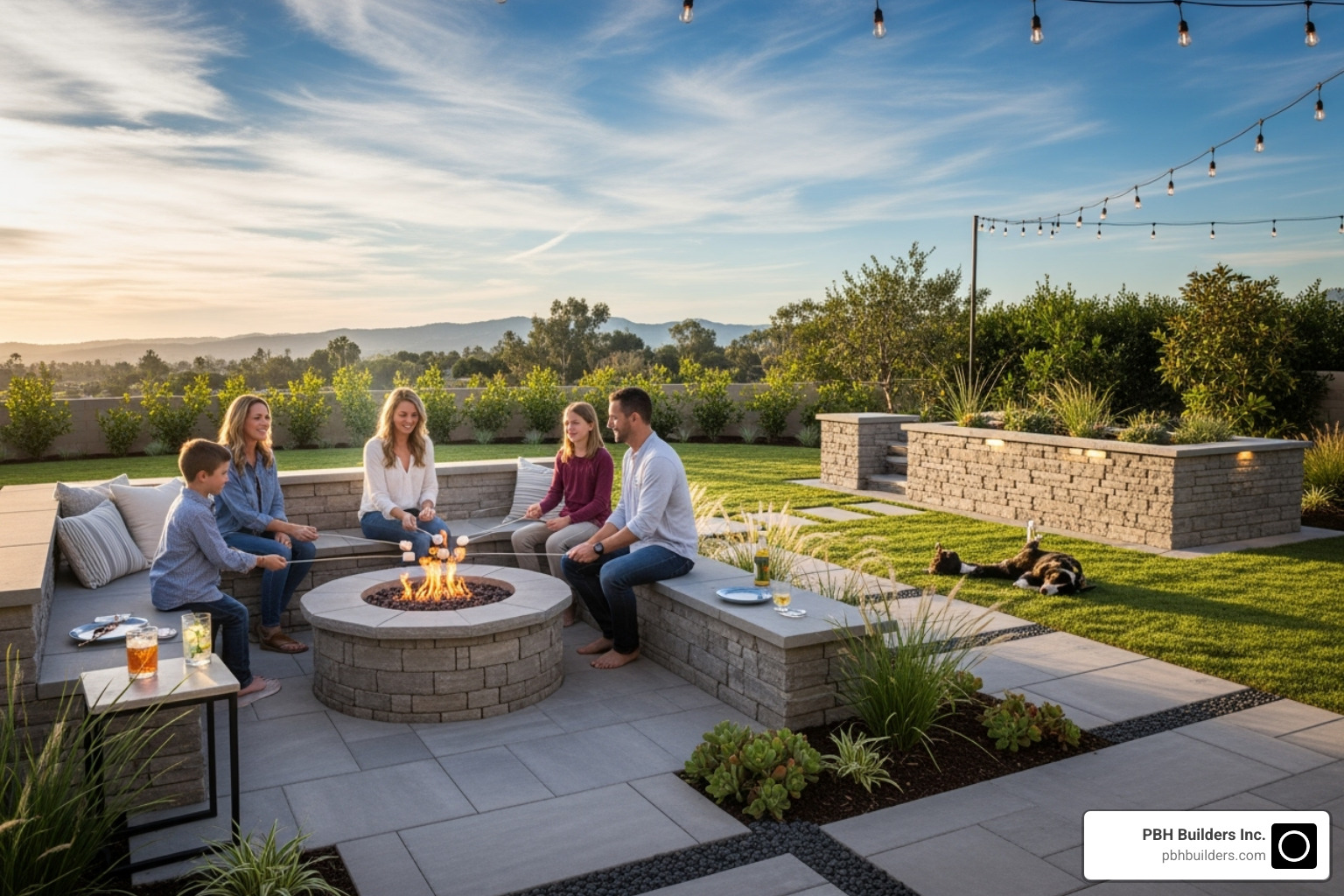 Family enjoying beautiful completed hardscape project in San Diego - hardscaping services Family enjoying beautiful completed hardscape project in San Diego - hardscaping services