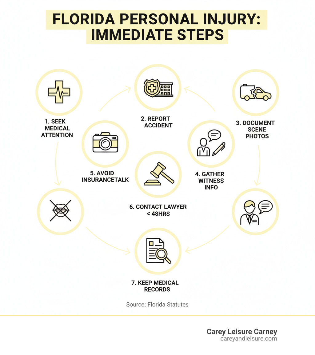 Infographic showing immediate steps after a personal injury accident in Florida: 1) Seek medical attention immediately, 2) Report the accident to police or property owner, 3) Document the scene with photos, 4) Gather witness contact information, 5) Avoid speaking to insurance adjusters, 6) Contact a personal injury lawyer within 48 hours, 7) Keep all medical records and receipts - personal injury lawyer St Petersburg infographic Infographic showing immediate steps after a personal injury accident in Florida: 1) Seek medical attention immediately, 2) Report the accident to police or property owner, 3) Document the scene with photos, 4) Gather witness contact information, 5) Avoid speaking to insurance adjusters, 6) Contact a personal injury lawyer within 48 hours, 7) Keep all medical records and receipts - personal injury lawyer St Petersburg infographic