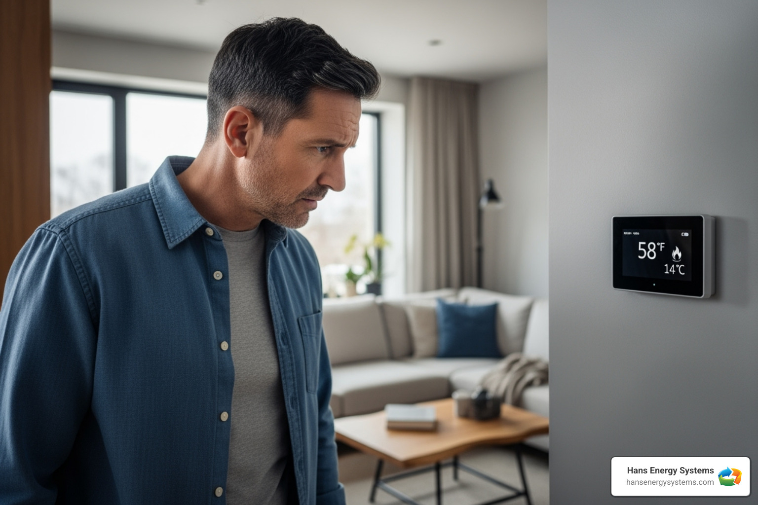 a homeowner looking at their thermostat with a concerned expression - HVAC maintenance Poway a homeowner looking at their thermostat with a concerned expression - HVAC maintenance Poway