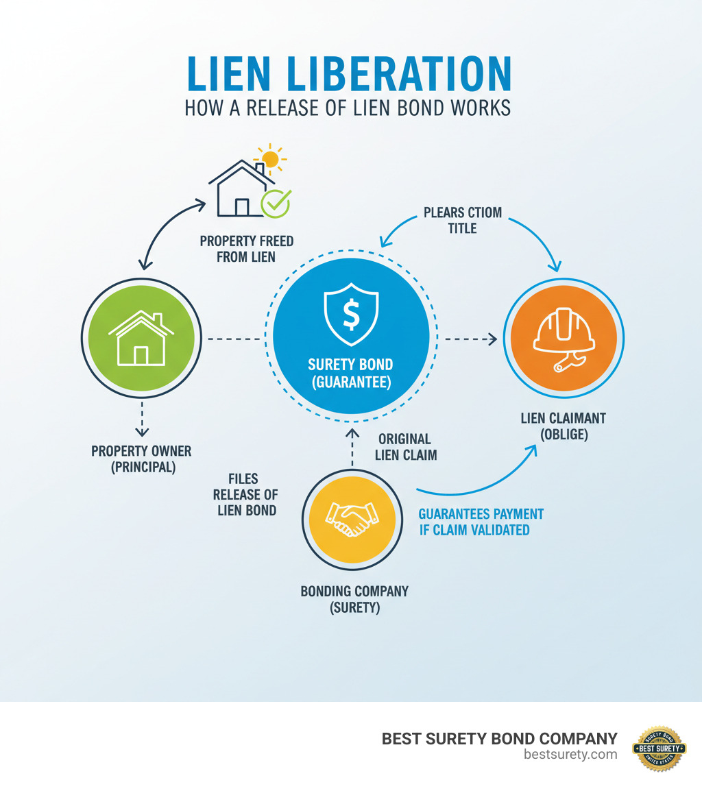 Infographic showing how a release of lien bond transfers a mechanic's lien claim from real property to a surety bond, involving three parties: the property owner (principal), the lien claimant (obligee), and the bonding company (surety). The diagram shows the property being freed from the lien while the surety company guarantees payment if the claim is found valid. - Release of lien bond infographic  Infographic showing how a release of lien bond transfers a mechanic's lien claim from real property to a surety bond, involving three parties: the property owner (principal), the lien claimant (obligee), and the bonding company (surety). The diagram shows the property being freed from the lien while the surety company guarantees payment if the claim is found valid. - Release of lien bond infographic