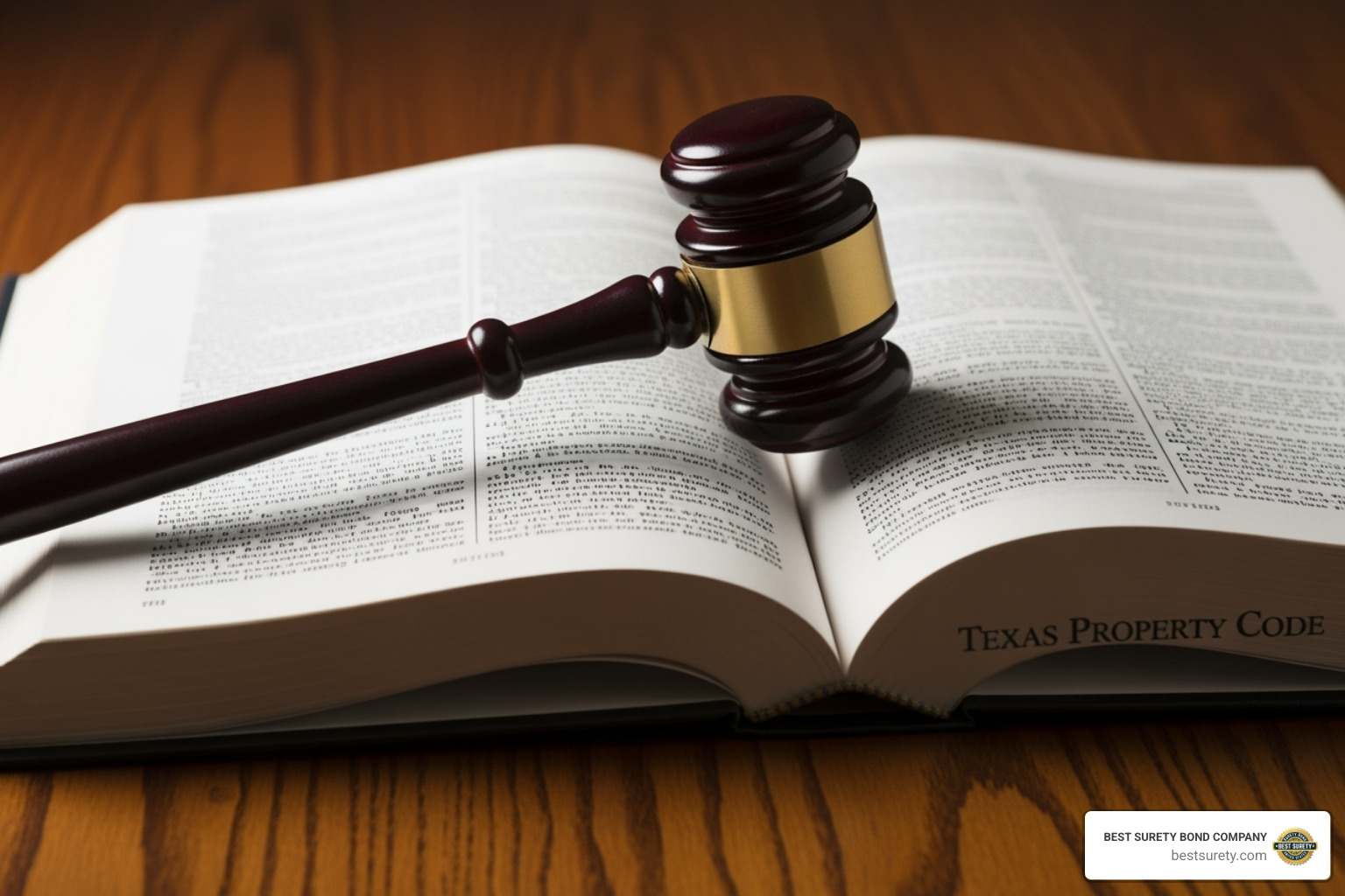 Gavel resting on a law book titled "Texas Property Code" - Release of lien bond Gavel resting on a law book titled "Texas Property Code" - Release of lien bond