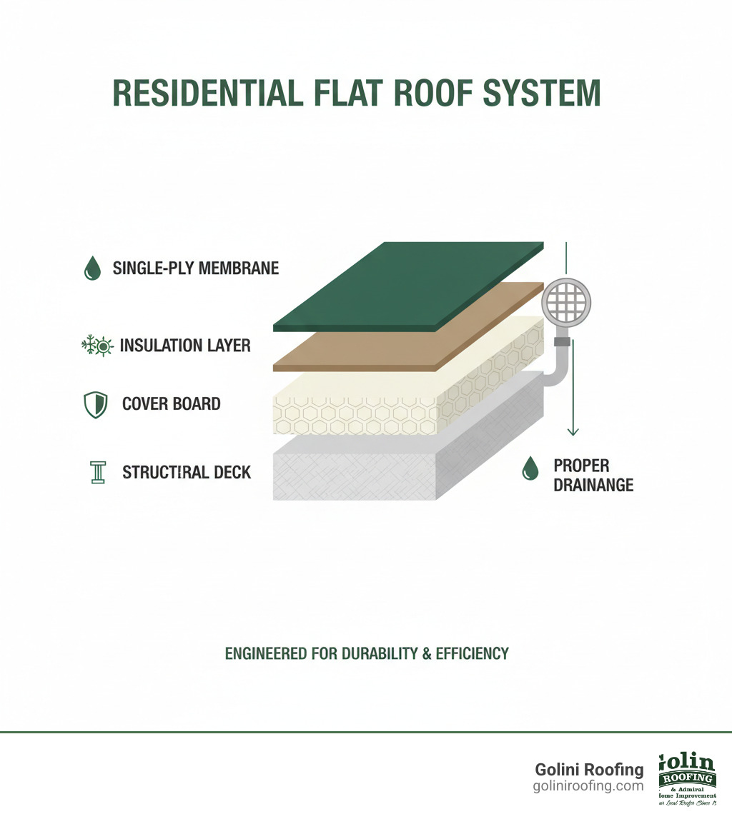 Infographic showing the essential layers of a residential flat roof system including structural deck, insulation layer, cover board, and single-ply membrane with proper drainage components - flat roofing woburn ma infographic Infographic showing the essential layers of a residential flat roof system including structural deck, insulation layer, cover board, and single-ply membrane with proper drainage components - flat roofing woburn ma infographic