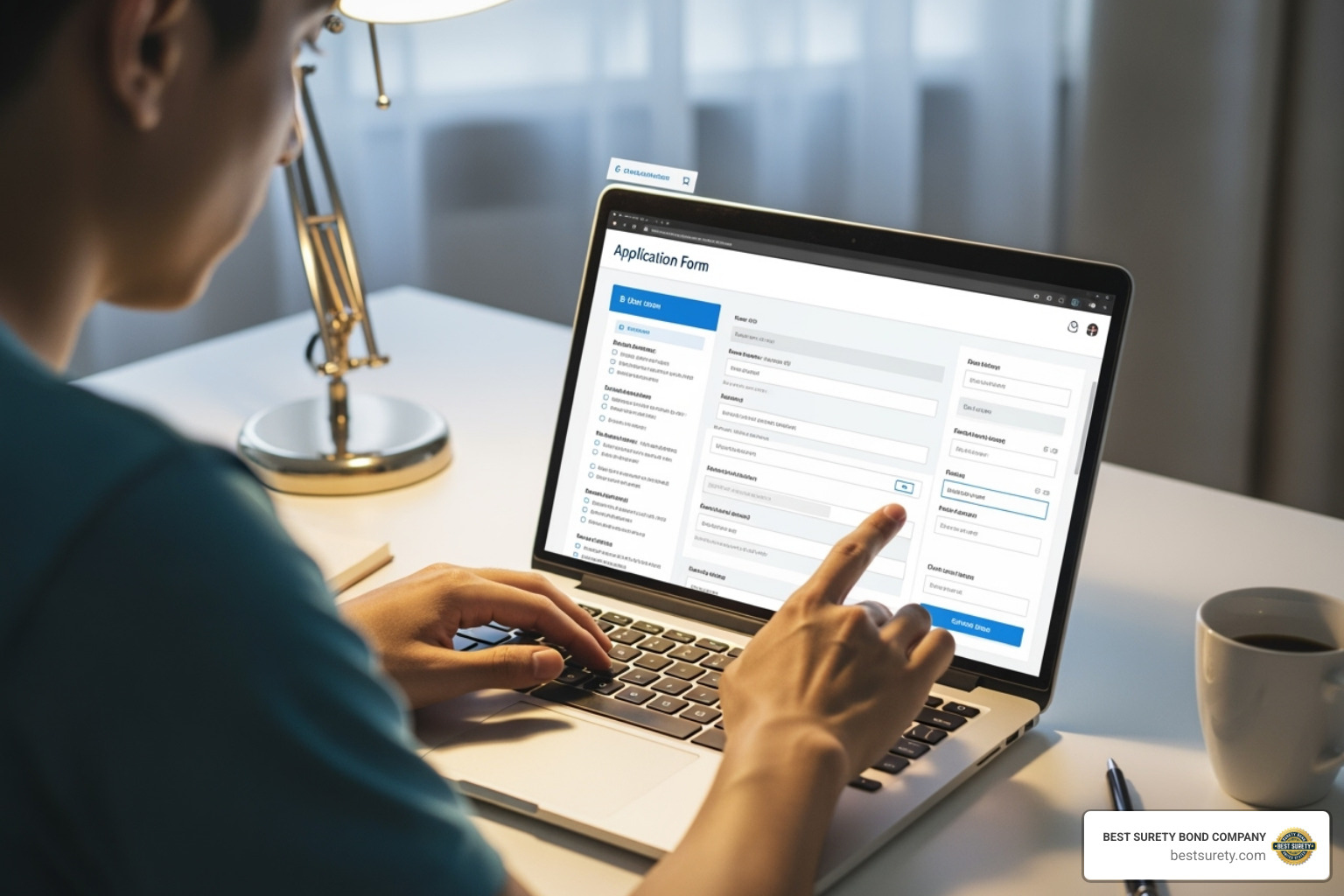 Person filling out an online bond application on a laptop - Release of lien bond Person filling out an online bond application on a laptop - Release of lien bond