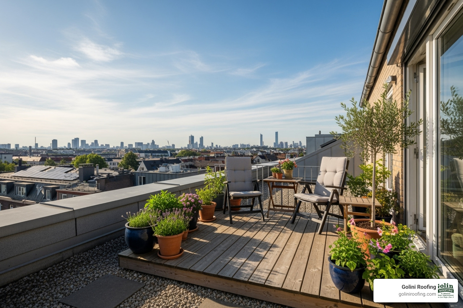 A functional rooftop space on a residential flat roof, featuring a small deck with outdoor chairs and potted plants - flat roofing woburn ma A functional rooftop space on a residential flat roof, featuring a small deck with outdoor chairs and potted plants - flat roofing woburn ma