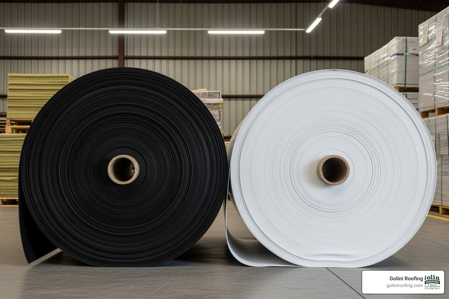 Rolls of EPDM and white TPO roofing material displayed side-by-side - flat roofing woburn ma Rolls of EPDM and white TPO roofing material displayed side-by-side - flat roofing woburn ma