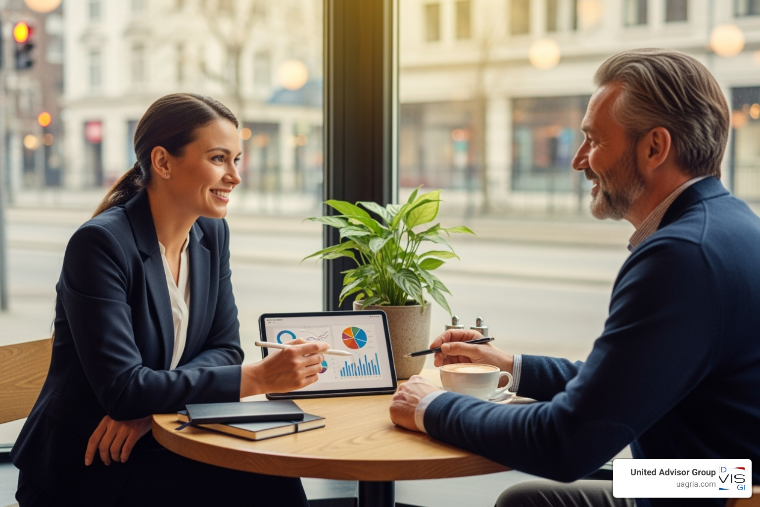 a confident, independent advisor having a positive meeting with a client in a comfortable, non-corporate setting - career change from financial advisor