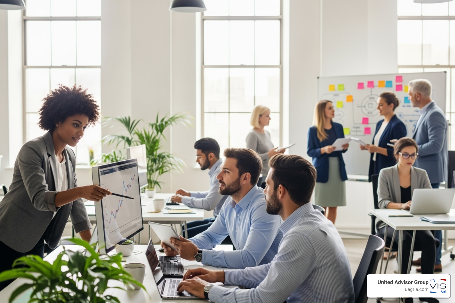 a diverse group of professionals collaborating in a modern office setting - career change from financial advisor