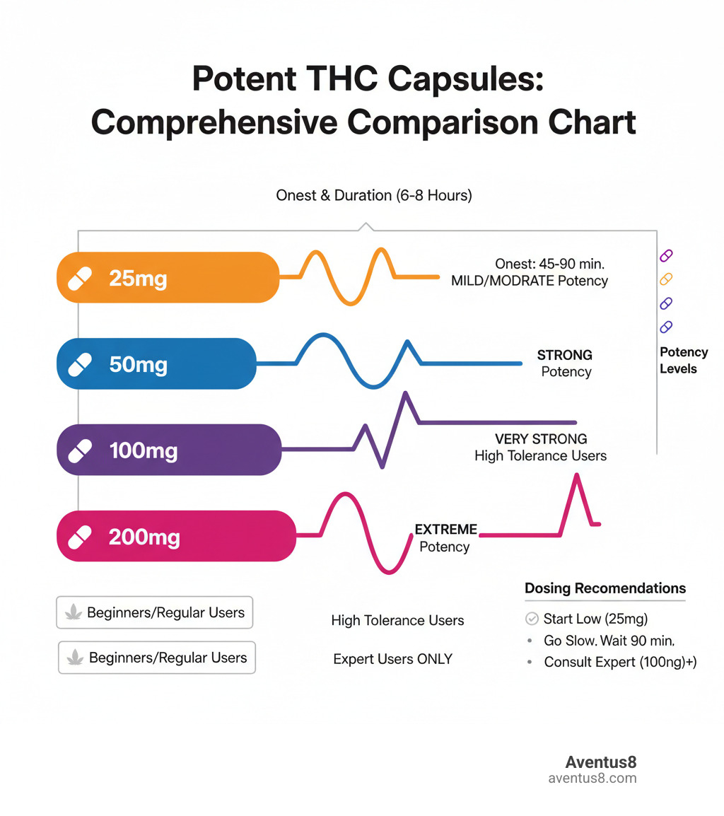 Comprehensive comparison chart showing onset times, duration, and potency levels of different THC capsule strengths from 25mg to 200mg, with timeline graphics illustrating effects over 6-8 hours and dosing recommendations for different user experience levels - Potent THC capsules infographic 